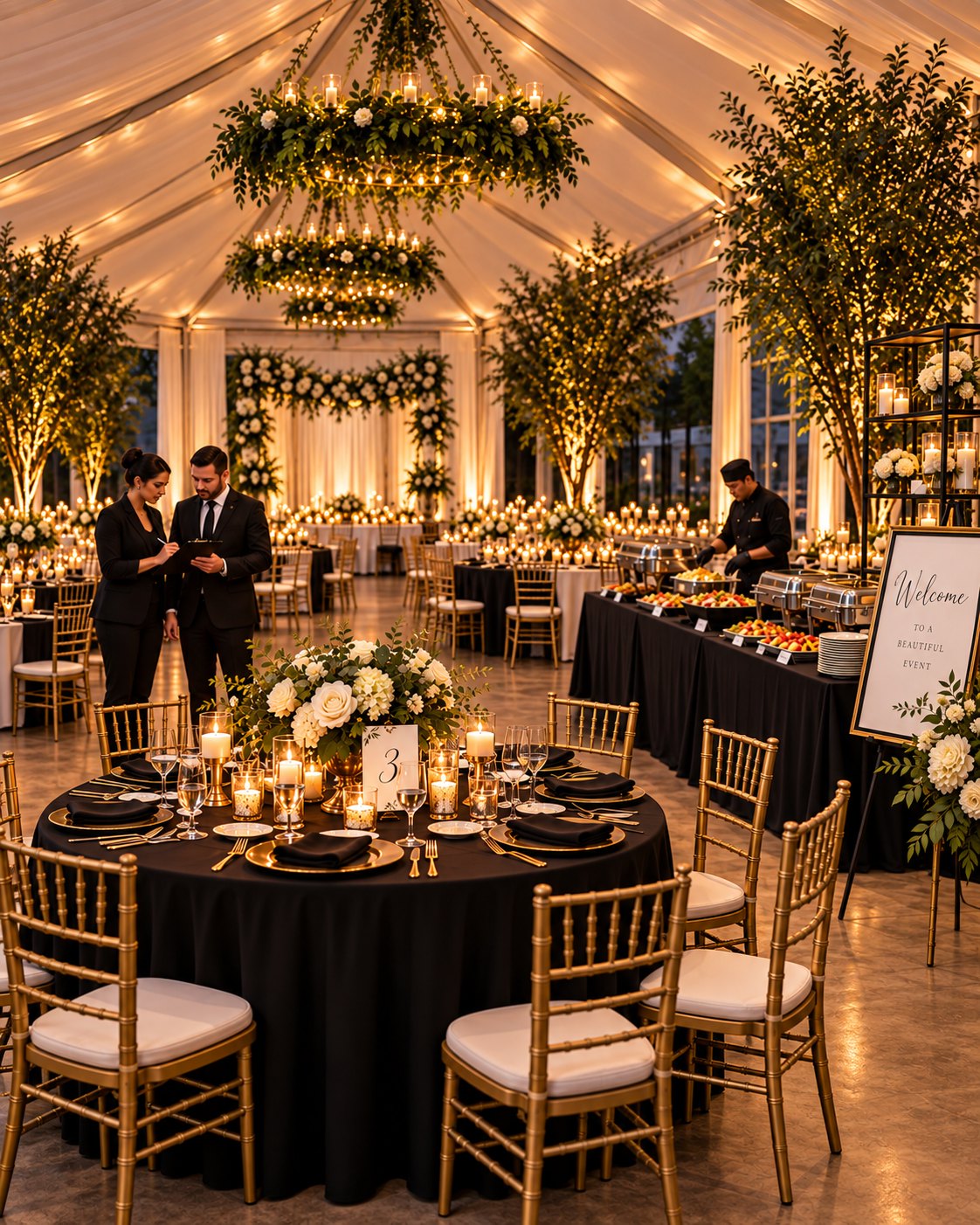 Styled dessert table under a balloon garland