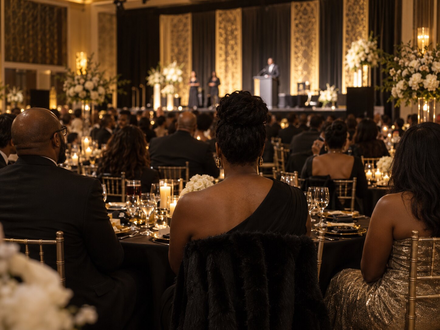 Guests seated at an awards dinner