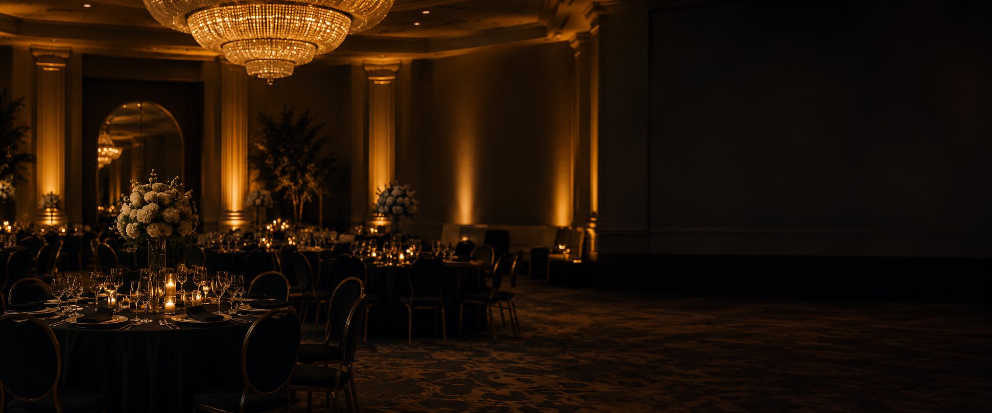 Softly lit ballroom prepared for a corporate event