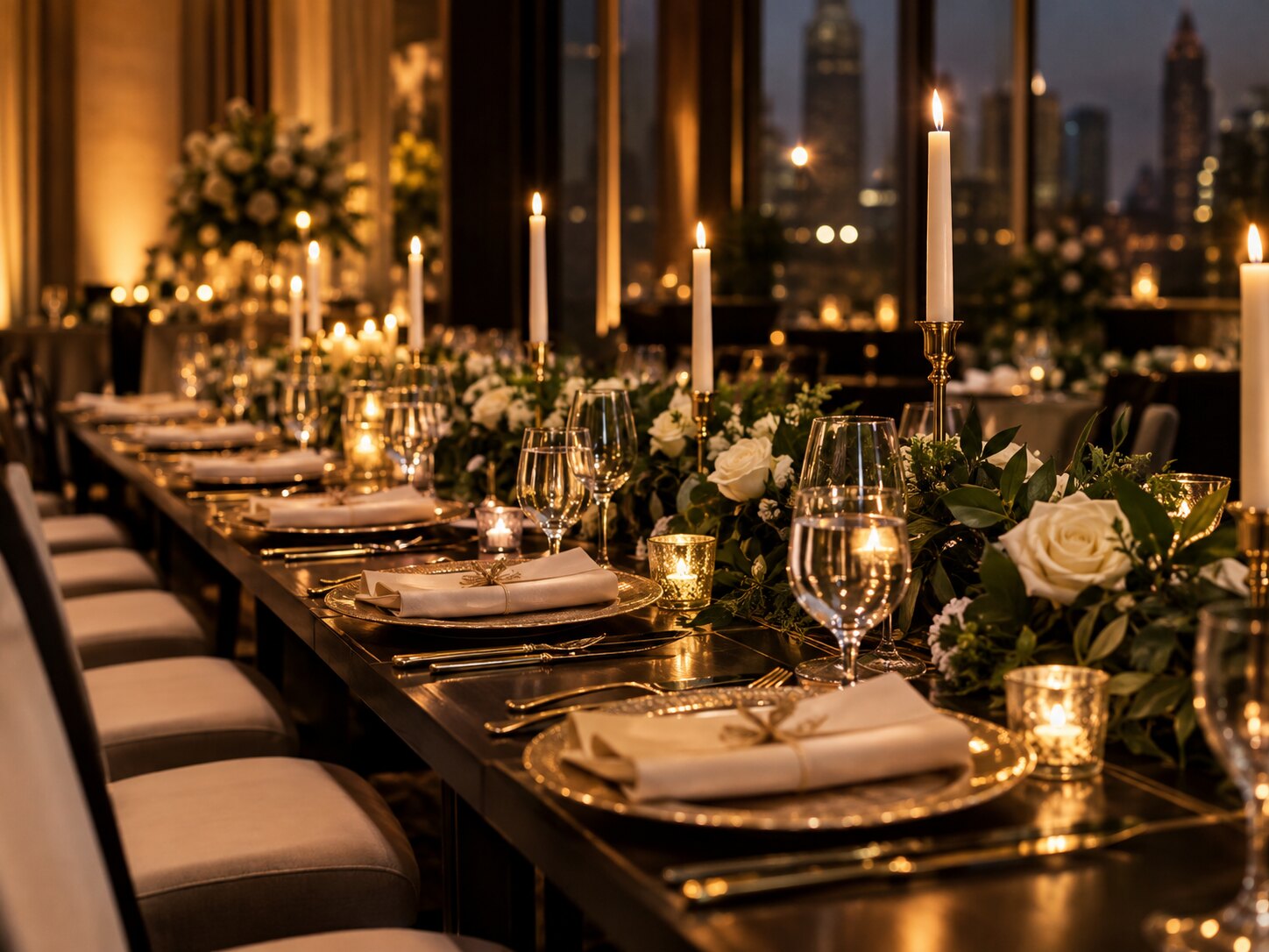 Table design with gold chargers, candlelight and florals