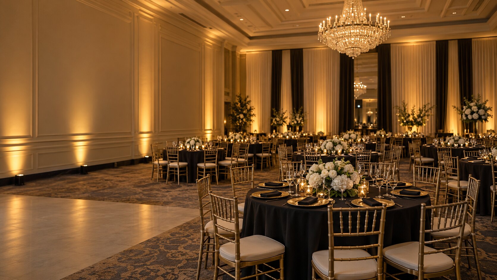 Corporate gala ballroom set with round banquet tables
