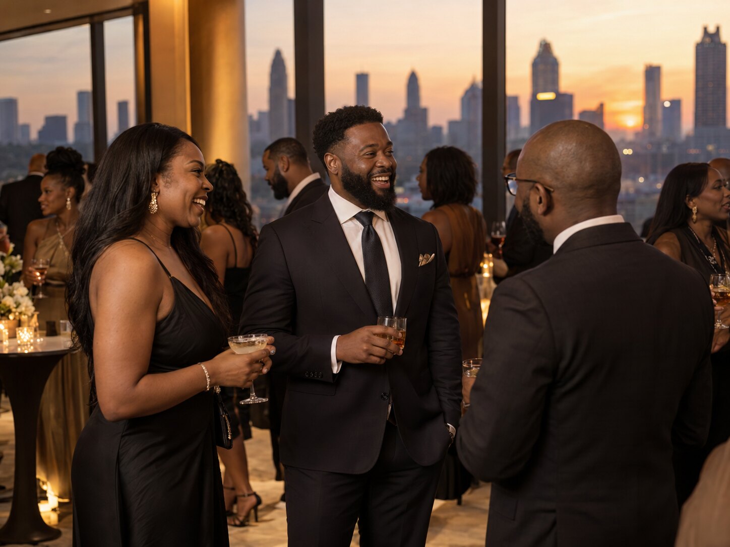Professionals networking at a rooftop reception
