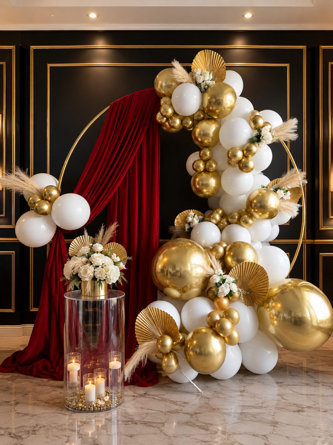 Gold and white balloon garland with drape