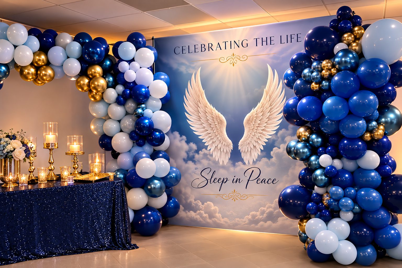 Balloon garland framing a celebration backdrop