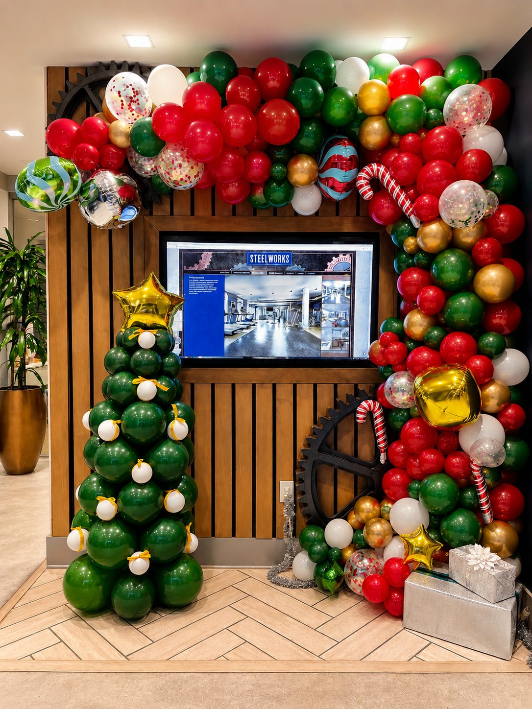 Company event space styled with a full balloon installation