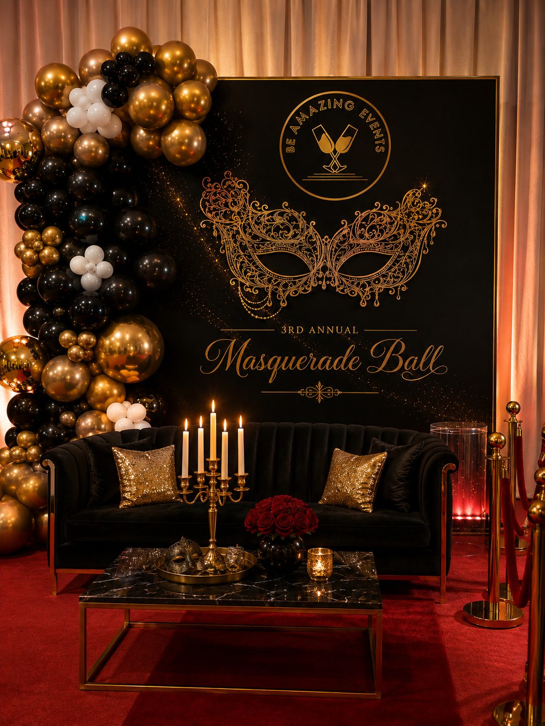 Masquerade backdrop with black and gold garland
