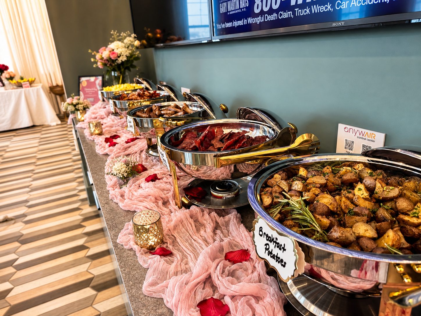 Full dessert and hot buffet spread