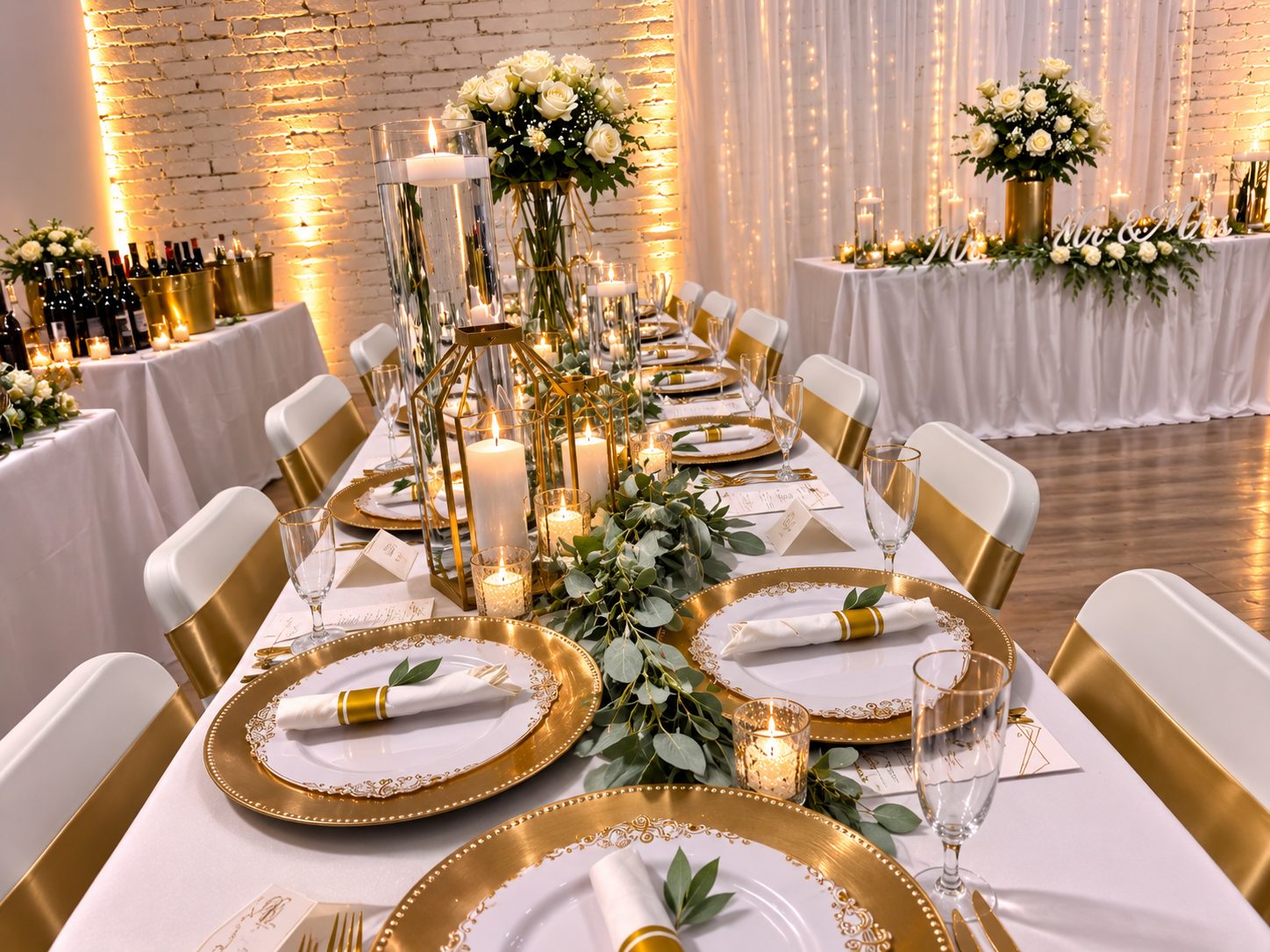 Gold and ivory banquet table with greenery
