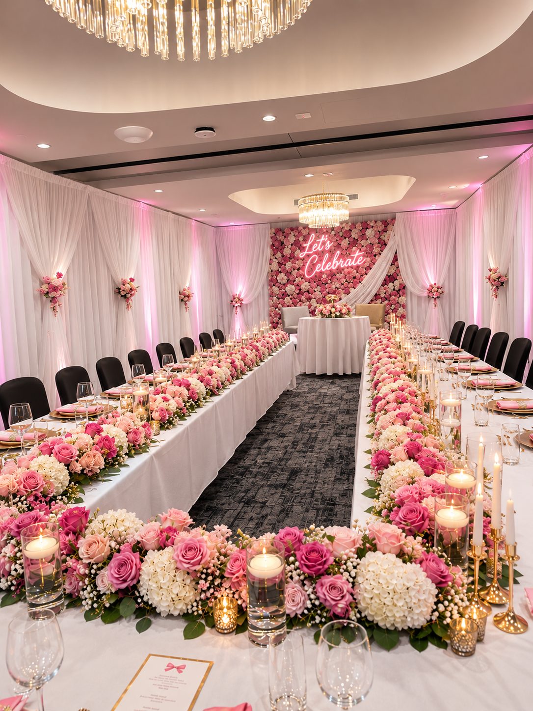 Floral banquet aisle styled in pink and ivory