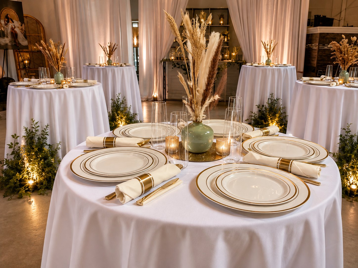 Round table setting with pampas and gold chargers