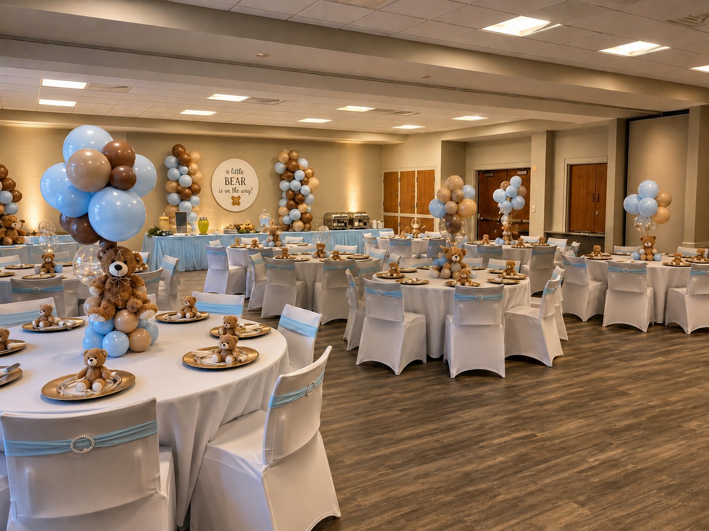 Blue and beige ballroom tablescape