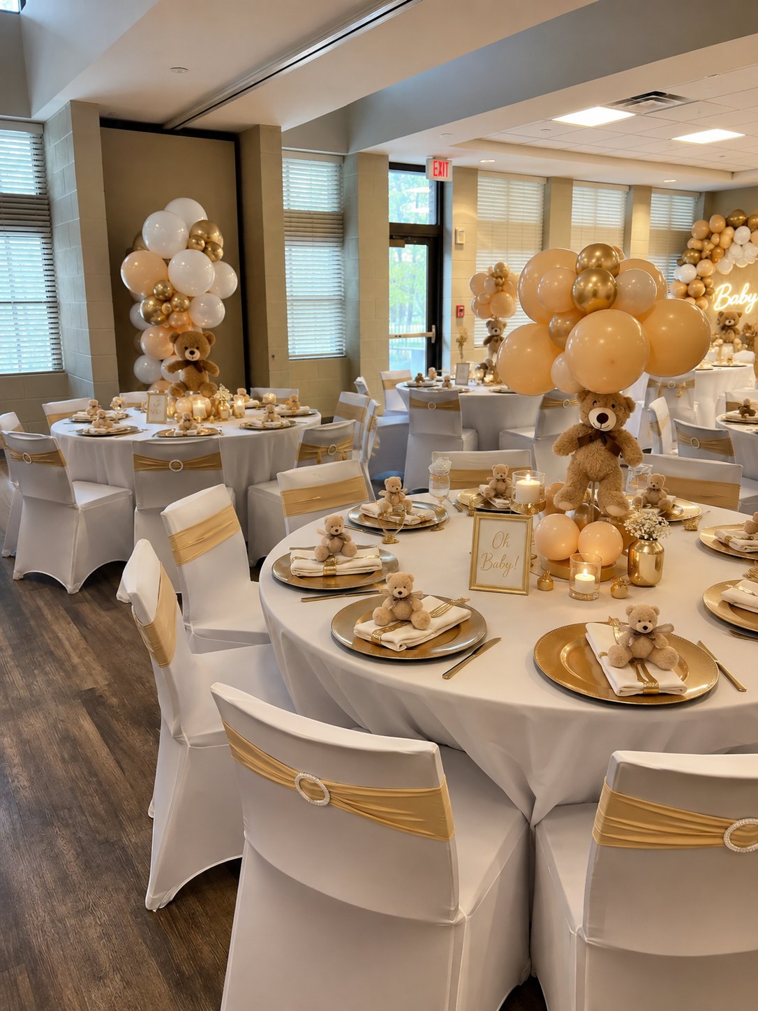 Ivory and gold ballroom set for a full reception