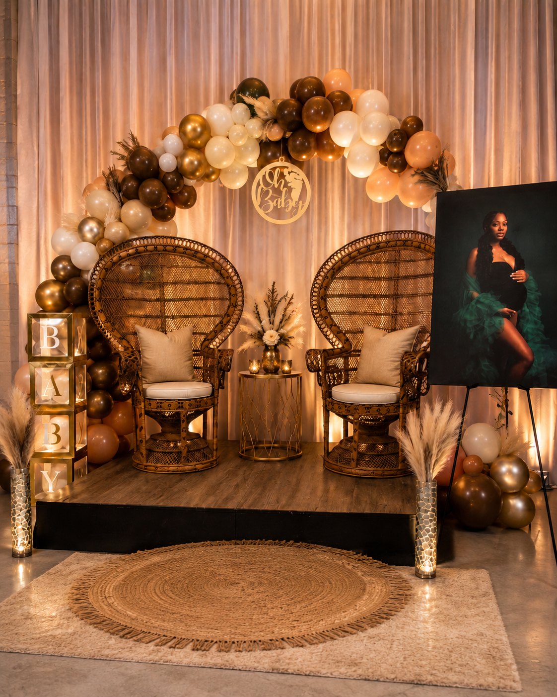 Green and navy velvet lounge with balloon accents