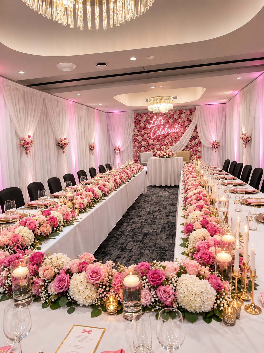 Long banquet tables lined with pink and ivory florals