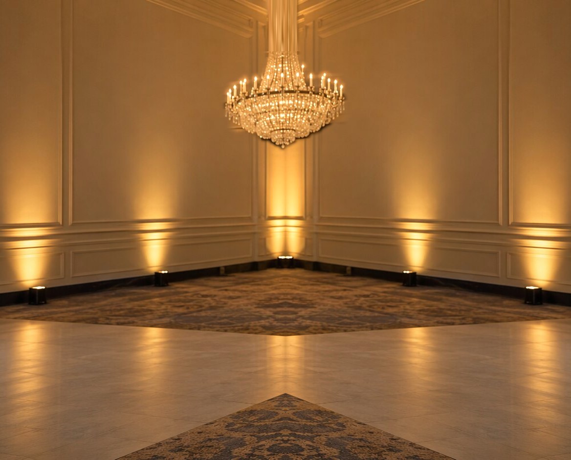 An empty ballroom lit only by its chandelier, before any styling begins
