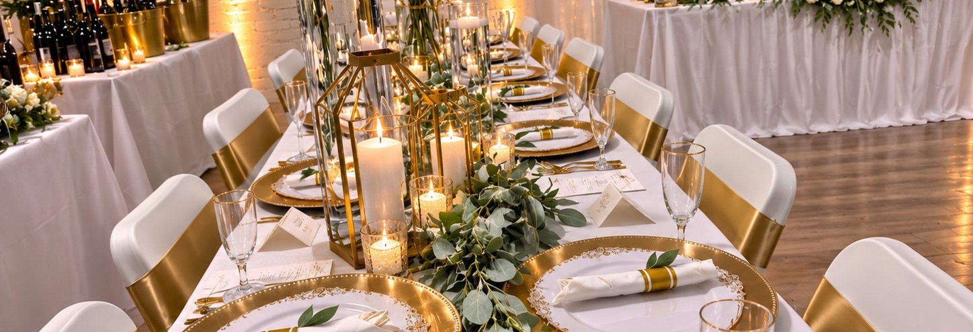 Ballroom set with chandeliers and dressed tables